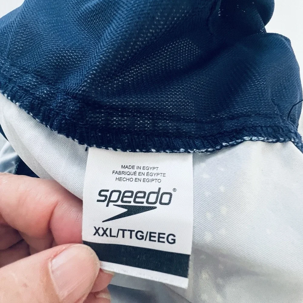 Speedo Men's XXL Swim Trunks Blue Striped Board Shorts Mesh Lined Drawstring